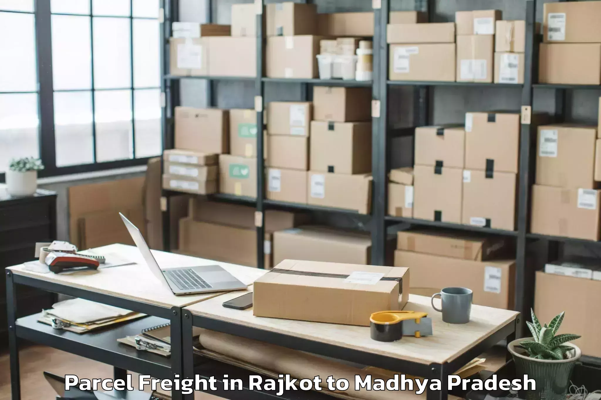 Top Rajkot to Mauganj Parcel Freight Available